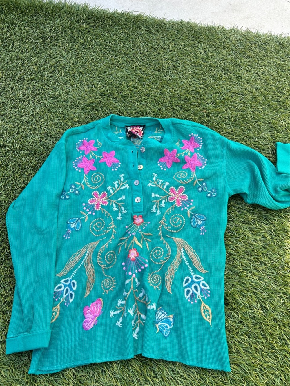 Johnny Was Teal Embroidered Button Front Top with Pink Accents